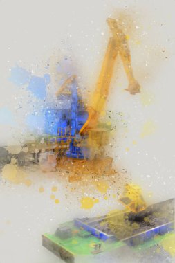 Büyük iskele vinçleri, derin deniz gemilerinin boşaltılması için hazırlandı. Sanatsal ilüstrasyon antika, model, minyatür.