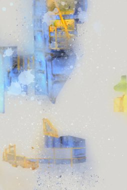 Büyük iskele vinçleri, derin deniz gemilerinin boşaltılması için hazırlandı. Sanatsal ilüstrasyon antika, model, minyatür.