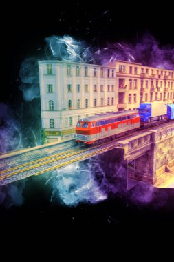 Nehir üzerinde tren köprüsü, viyadük, sanat ilüstrasyonu antika, model, minyatür