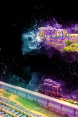 Nehir üzerinde tren köprüsü, viyadük, sanat ilüstrasyonu antika, model, minyatür