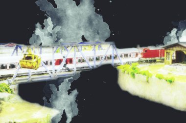 Nehir üzerinde tren köprüsü, viyadük, sanat ilüstrasyonu antika, model, minyatür