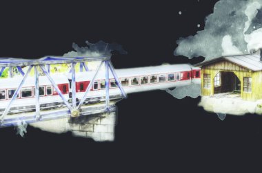 Nehir üzerinde tren köprüsü, viyadük, sanat ilüstrasyonu antika, model, minyatür