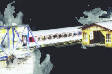 Nehir üzerinde tren köprüsü, viyadük, sanat ilüstrasyonu antika, model, minyatür