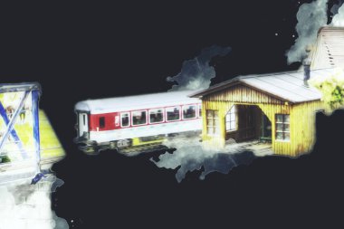 Nehir üzerinde tren köprüsü, viyadük, sanat ilüstrasyonu antika, model, minyatür