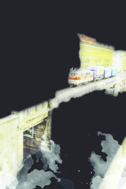 Nehir üzerinde tren köprüsü, viyadük, sanat ilüstrasyonu antika, model, minyatür