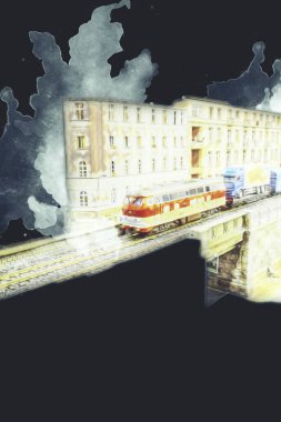 Nehir üzerinde tren köprüsü, viyadük, sanat ilüstrasyonu antika, model, minyatür