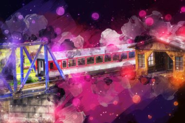 Nehir üzerinde tren köprüsü, viyadük, sanat ilüstrasyonu antika, model, minyatür