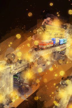 Nehir üzerinde tren köprüsü, viyadük, sanat ilüstrasyonu antika, model, minyatür