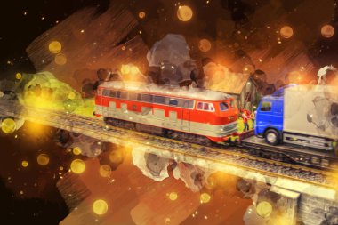 Nehir üzerinde tren köprüsü, viyadük, sanat ilüstrasyonu antika, model, minyatür