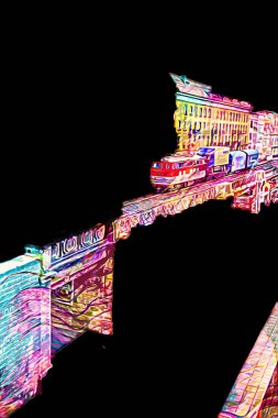 Nehir üzerinde tren köprüsü, viyadük, sanat ilüstrasyonu antika, model, minyatür