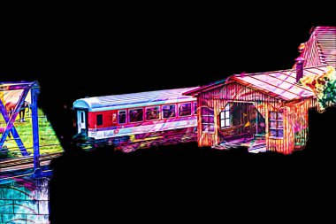 Nehir üzerinde tren köprüsü, viyadük, sanat ilüstrasyonu antika, model, minyatür