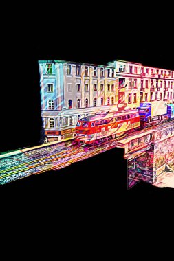 Nehir üzerinde tren köprüsü, viyadük, sanat ilüstrasyonu antika, model, minyatür