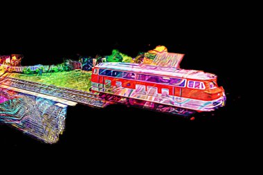 Nehir üzerinde tren köprüsü, viyadük, sanat ilüstrasyonu antika, model, minyatür