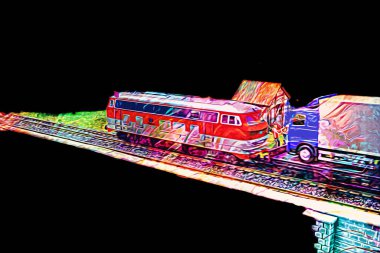 Nehir üzerinde tren köprüsü, viyadük, sanat ilüstrasyonu antika, model, minyatür