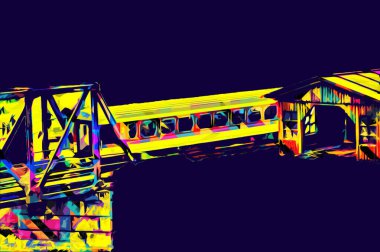 Nehir üzerinde tren köprüsü, viyadük, sanat ilüstrasyonu antika, model, minyatür