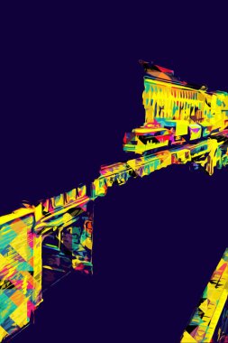 Nehir üzerinde tren köprüsü, viyadük, sanat ilüstrasyonu antika, model, minyatür