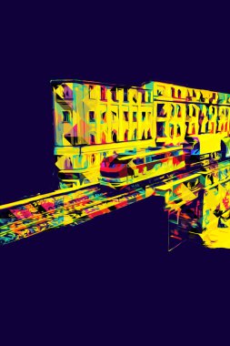 Nehir üzerinde tren köprüsü, viyadük, sanat ilüstrasyonu antika, model, minyatür