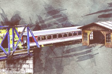 Nehir üzerinde tren köprüsü, viyadük, sanat ilüstrasyonu antika, model, minyatür