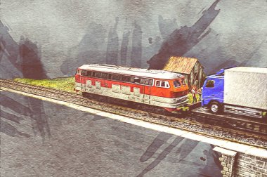 Nehir üzerinde tren köprüsü, viyadük, sanat ilüstrasyonu antika, model, minyatür