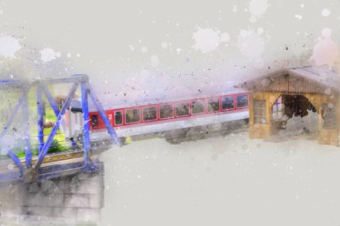 Nehir üzerinde tren köprüsü, viyadük, sanat ilüstrasyonu antika, model, minyatür