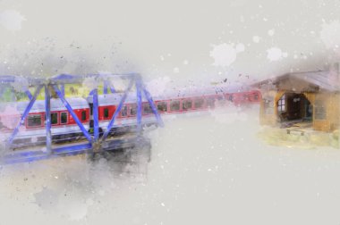 Nehir üzerinde tren köprüsü, viyadük, sanat ilüstrasyonu antika, model, minyatür