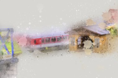 Nehir üzerinde tren köprüsü, viyadük, sanat ilüstrasyonu antika, model, minyatür