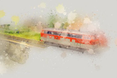 Nehir üzerinde tren köprüsü, viyadük, sanat ilüstrasyonu antika, model, minyatür