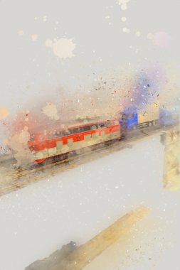 Nehir üzerinde tren köprüsü, viyadük, sanat ilüstrasyonu antika, model, minyatür