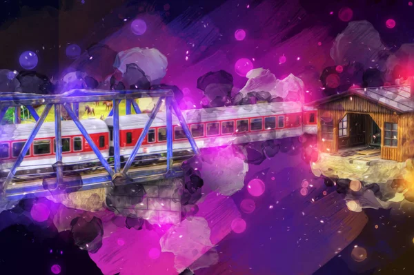 川を渡る列車の橋 ヴィダット アートイラストヴィンテージレトロアンティーク モデル ミニチュア — ストック写真