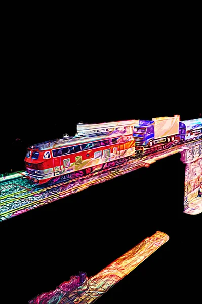 Vlakový Most Přes Řeku Viadukt Výtvarná Ilustrace Retro Starožitnost Model — Stock fotografie