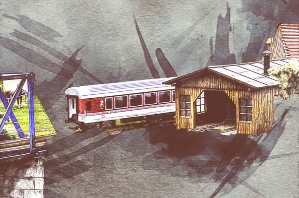 Nehir üzerinde tren köprüsü, viyadük, sanat ilüstrasyonu antika, model, minyatür