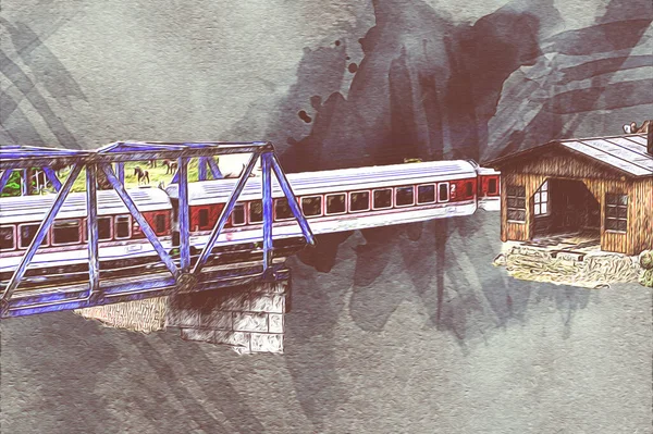 Залізничний Міст Над Річкою Віадук Арт Декорація Старовинний Ретро Антикваріат — стокове фото
