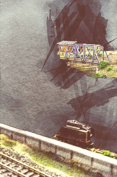 Τρένο Γέφυρα Πάνω Από Ποτάμι Γέφυρα Τέχνη Ilustration Ρετρό Αντίκες — Φωτογραφία Αρχείου