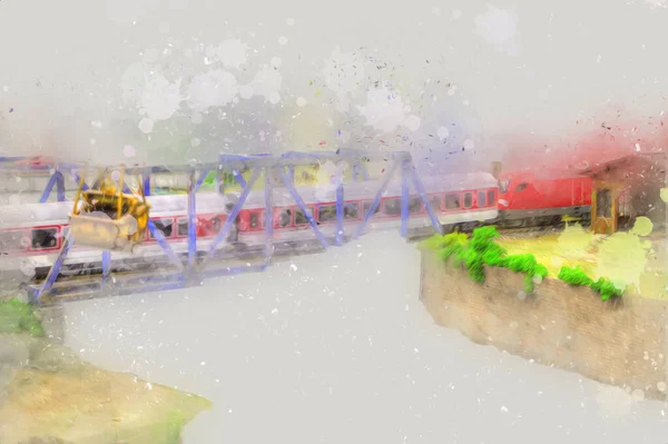 Vlakový Most Přes Řeku Viadukt Výtvarná Ilustrace Retro Starožitnost Model — Stock fotografie