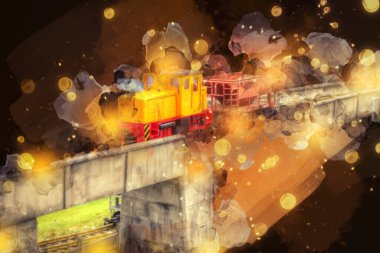 Küçük lokomotif, buhar, fotoğrafçılık, paslı, vagon, tren, sanat, illüstrasyon, çizim, eskiz, antika, retro, vintage, model, minyatür