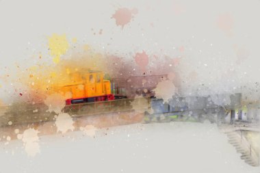 Küçük lokomotif, buhar, fotoğrafçılık, paslı, vagon, tren, sanat, illüstrasyon, çizim, eskiz, antika, retro, vintage, model, minyatür