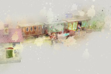 Küçük lokomotif, buhar, fotoğrafçılık, paslı, vagon, tren, sanat, illüstrasyon, çizim, eskiz, antika, retro, vintage, model, minyatür