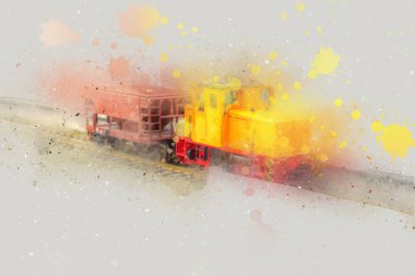 Küçük lokomotif, buhar, fotoğrafçılık, paslı, vagon, tren, sanat, illüstrasyon, çizim, eskiz, antika, retro, vintage, model, minyatür