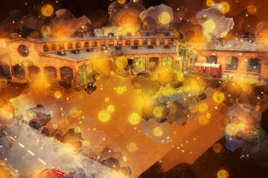 İstasyonda eski bir buhar treni, Wroclaw, Polonya, sanat ilüstrasyonu antika, model, minyatür