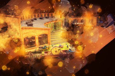 İstasyonda eski bir buhar treni, Wroclaw, Polonya, sanat ilüstrasyonu antika, model, minyatür