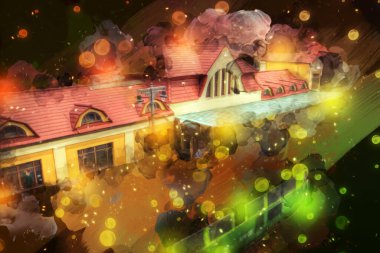 İstasyonda eski bir buhar treni, Wroclaw, Polonya, sanat ilüstrasyonu antika, model, minyatür