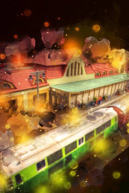 İstasyonda eski bir buhar treni, Wroclaw, Polonya, sanat ilüstrasyonu antika, model, minyatür