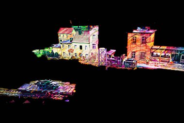 İstasyonda eski bir buhar treni, Wroclaw, Polonya, sanat ilüstrasyonu antika, model, minyatür