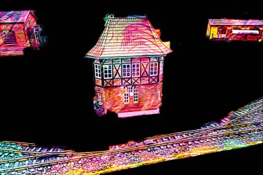 İstasyonda eski bir buhar treni, Wroclaw, Polonya, sanat ilüstrasyonu antika, model, minyatür