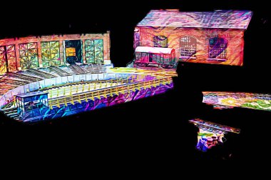 İstasyonda eski bir buhar treni, Wroclaw, Polonya, sanat ilüstrasyonu antika, model, minyatür