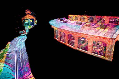 İstasyonda eski bir buhar treni, Wroclaw, Polonya, sanat ilüstrasyonu antika, model, minyatür