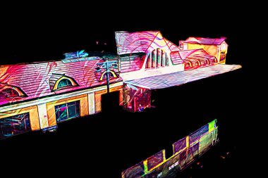 İstasyonda eski bir buhar treni, Wroclaw, Polonya, sanat ilüstrasyonu antika, model, minyatür