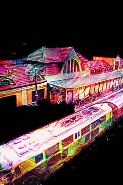 İstasyonda eski bir buhar treni, Wroclaw, Polonya, sanat ilüstrasyonu antika, model, minyatür