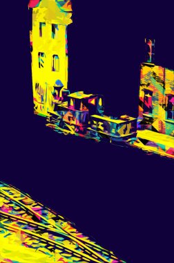 İstasyonda eski bir buhar treni, Wroclaw, Polonya, sanat ilüstrasyonu antika, model, minyatür