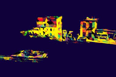 İstasyonda eski bir buhar treni, Wroclaw, Polonya, sanat ilüstrasyonu antika, model, minyatür